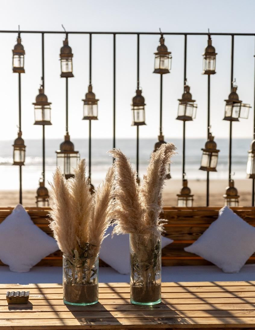 Décor de réception en bord de plage, pampas et lanternes suspendues